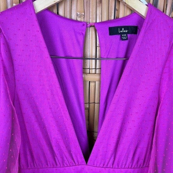 LULUS Dramatic Poise Hot Pink Dot Tulle Puff Sleeve Tiered Mini Dress XXS - Picture 3 of 16